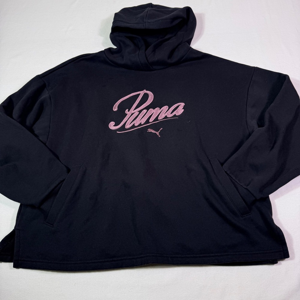 Puma Hoodie Large Black Pink Script Logo Embroidered Pullover Y2K streetwear